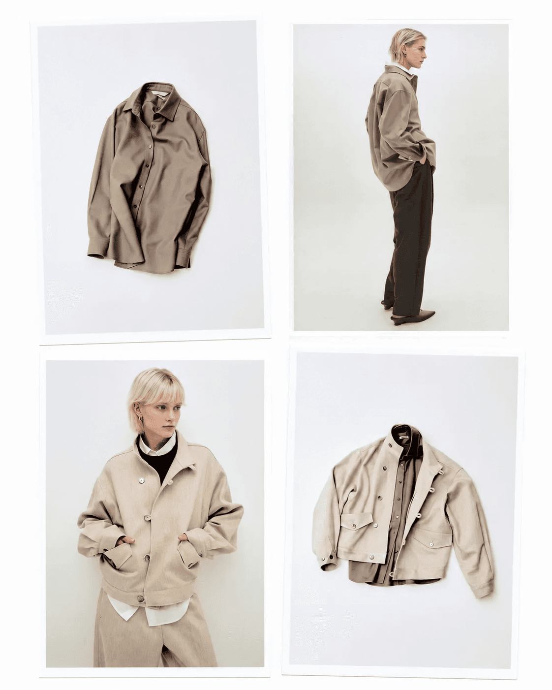 Neutral outerwear lookbook with flatlays and models