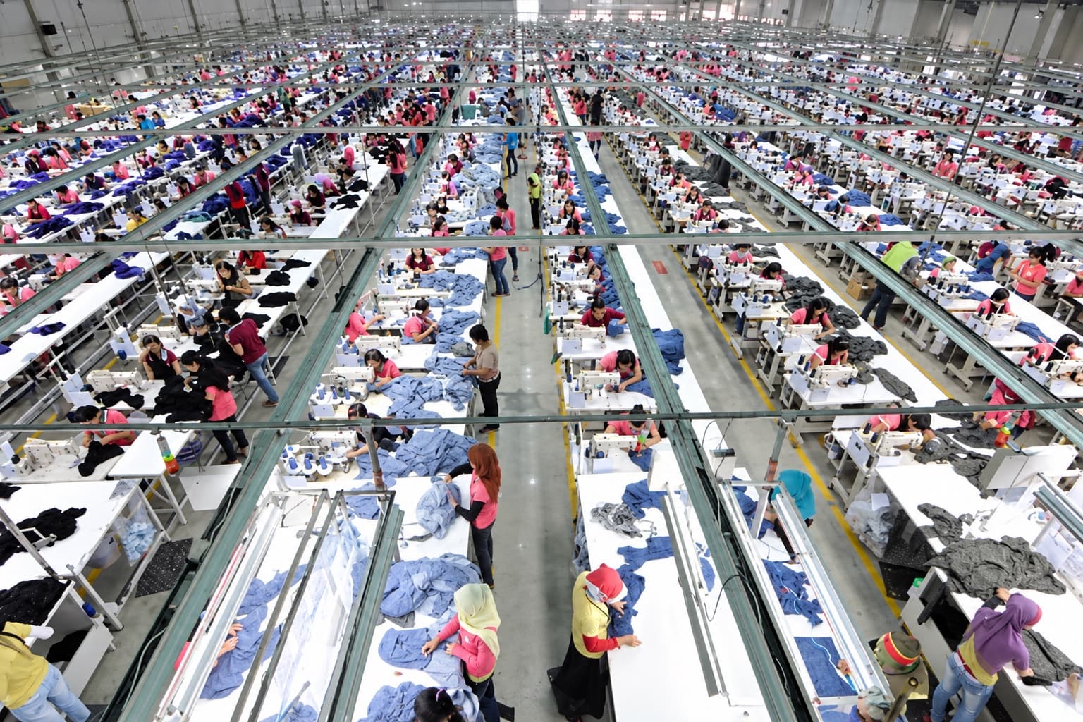 Sewing lines across a garment production floor