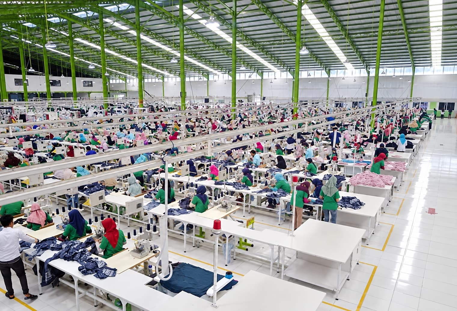 Workers at sewing stations in a partner network factory